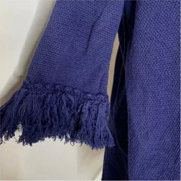 J. McLaughlin 100% Cotton 3/4 Fringed Sleeve Blue Knit Sweater Size Medium - Picture 5 of 7